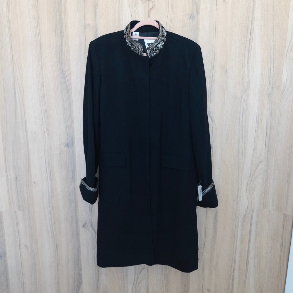 Vintage DKNY Womens Wool Coat 12 Black Embroidered Collar Long Jacket Military